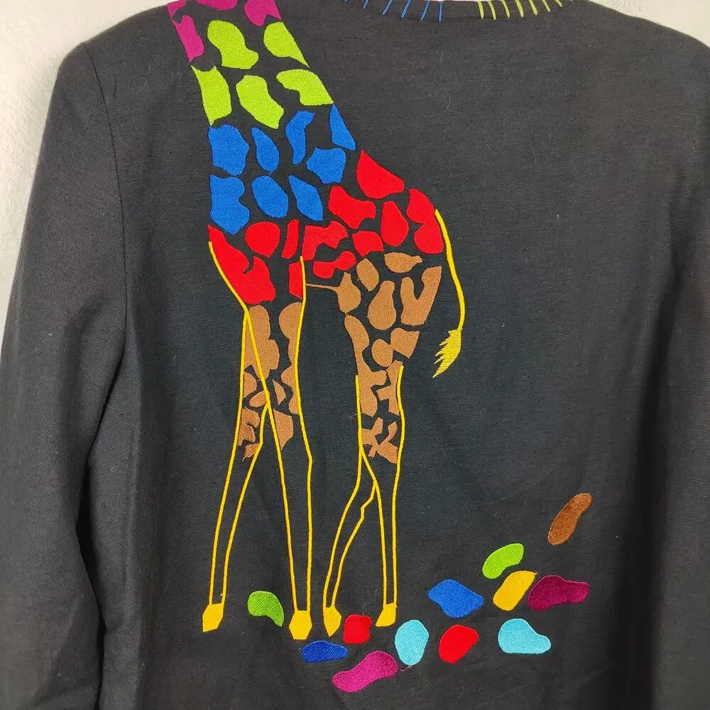 Vintage Drapers & Damons Giraffe Embroidered‎ Cardigan Womens Petite Large Black